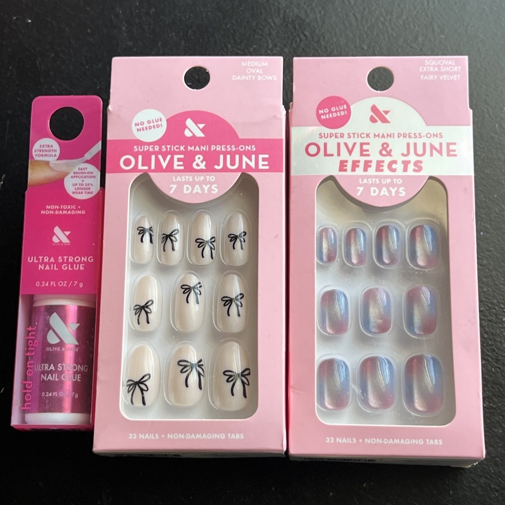 Olive & June Set Of 2 Mani Press On Nails Plus Ultra Strong Nail Glue Bows New